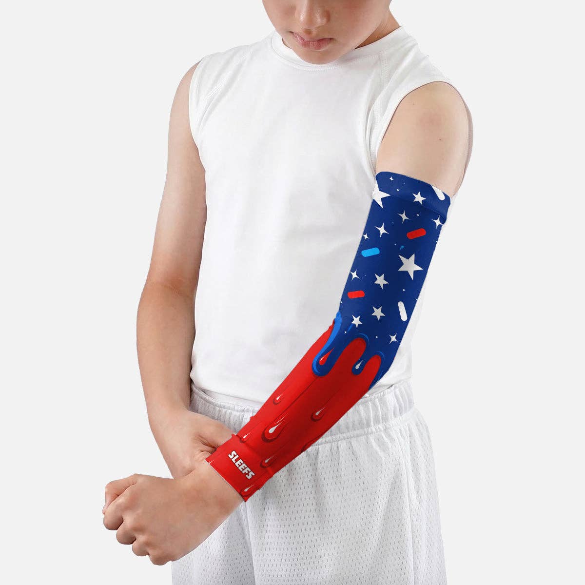 USA Baseball Sprinkles Drip Kids Arm Sleeve: Red/White/Blue / Husky